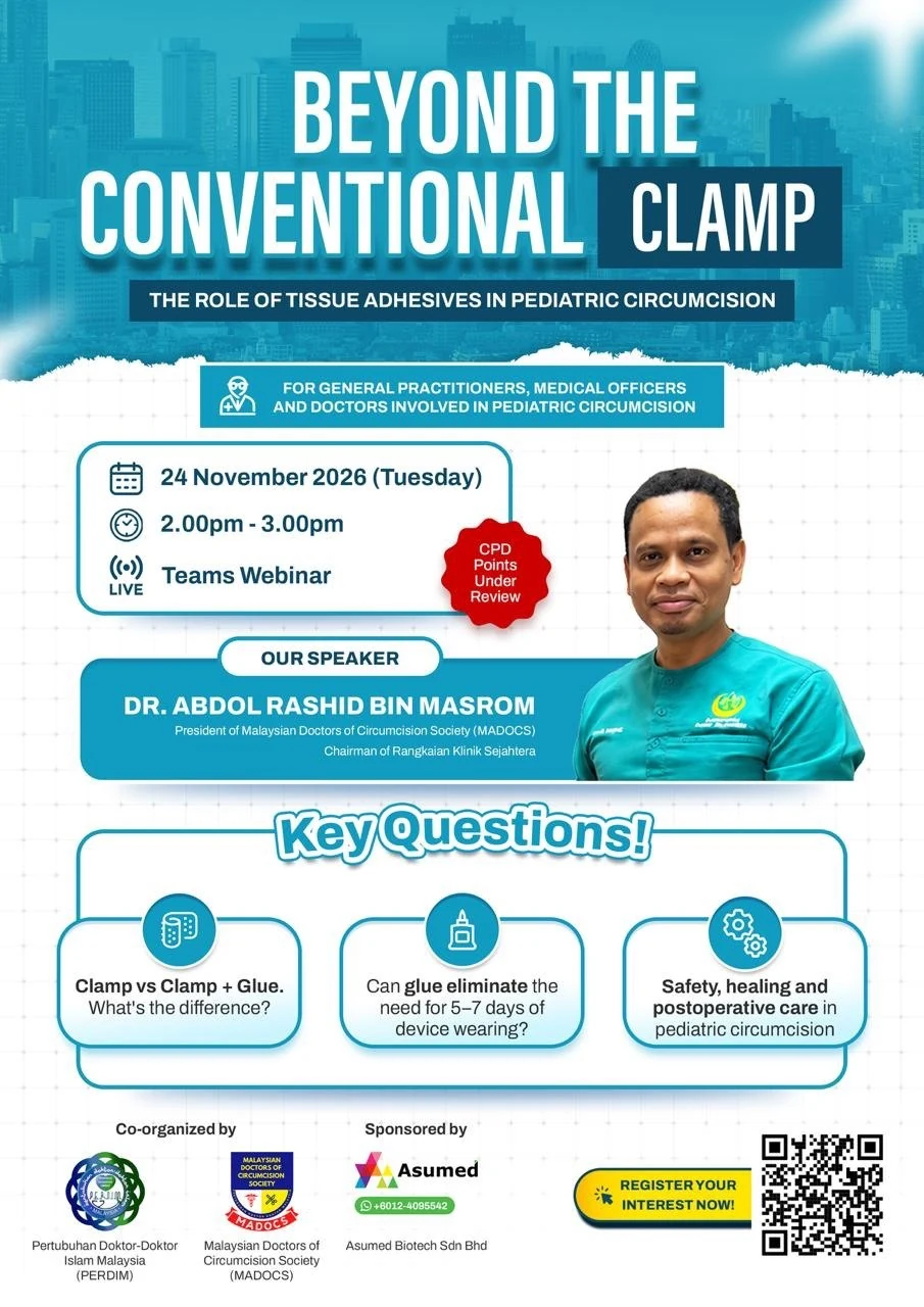 Poster webinar CME Beyond the Conventional Clamp — The Role of Tissue Adhesives in Pediatric Circumcision, 24 November 2026, Teams Webinar, anjuran PERDIM dan MADOCS